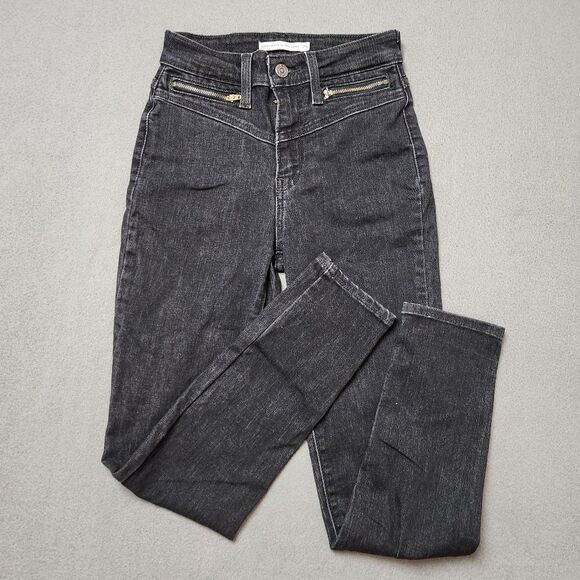 Levi's 721 High Rise Skinny Moto ankle Jeans zip pockets Ultra Black Size 25 - Picture 6 of 13